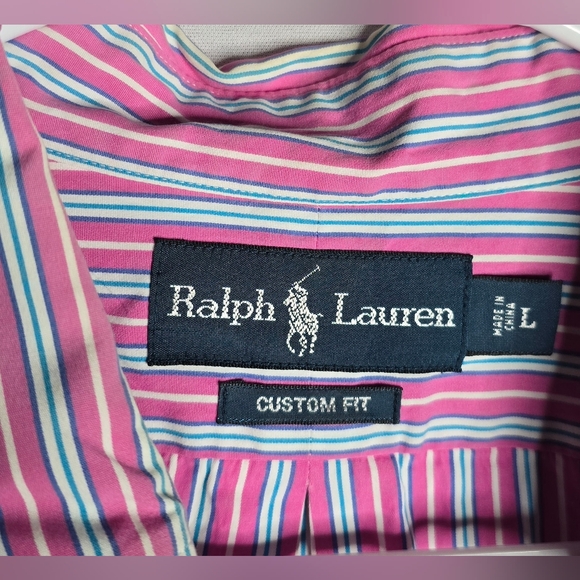 Ralph Lauren Mens L Custom Fit Striped Button Down Shirt Pink/Blue White - Picture 4 of 4